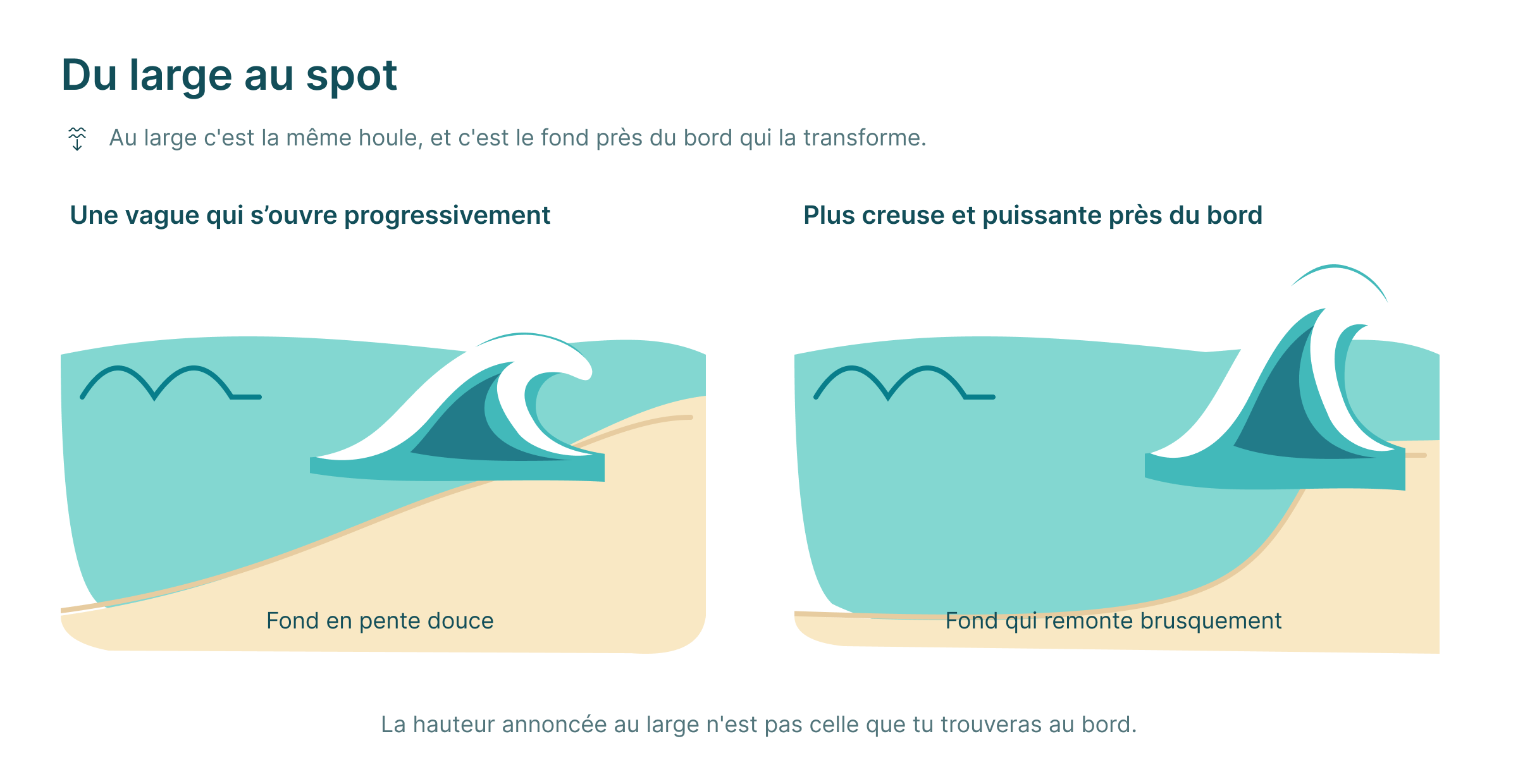 La même houle sur deux fonds : sur une pente douce la vague s'ouvre progressivement, sur un fond qui remonte brusquement elle devient plus creuse et plus puissante